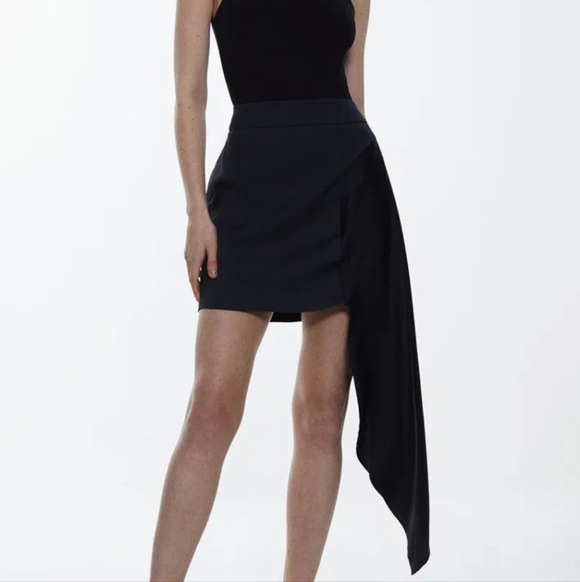 Karen Millen Dresses & Skirts - New Karen Millen Black Asymmetrical Satin Side Drape Mini Skirt Size 2